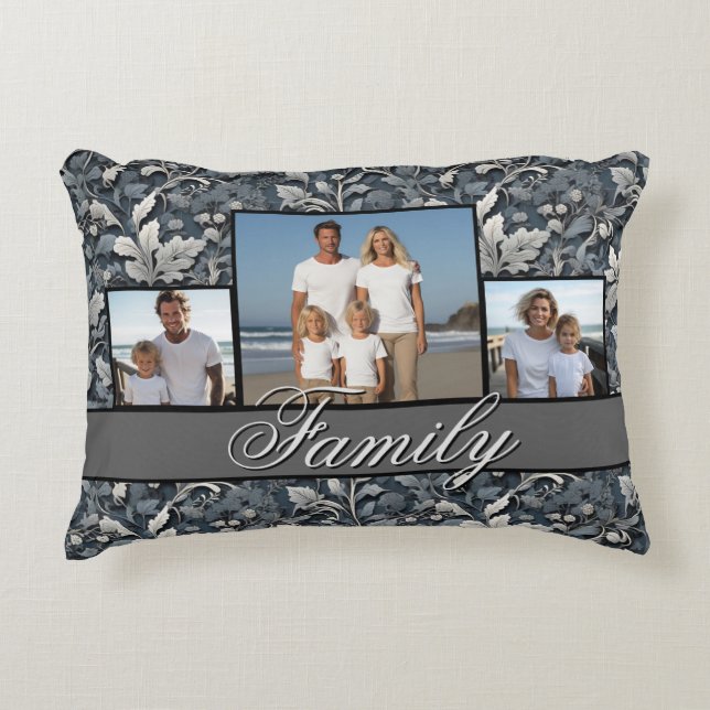 Elegant dammig blå silver-vit grått-blommigt prydnadskudde (Framsidan)