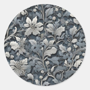 Elegant dammig blå silver-vit grått-blommigt runt klistermärke