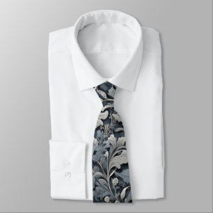 Elegant dammig blå silver-vit grått-blommigt slips