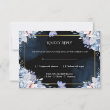 Elegant dammig blå svart blomsterlig bröllops-RSVP
