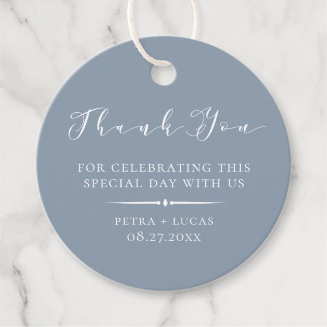 Elegant dammig blå tackkort gåvor etiketter (Framsida)
