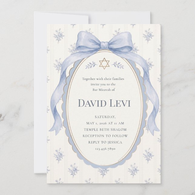 Elegant dammig blå Toile Band Bar Mitzvah Inbjudningar (Framsida)