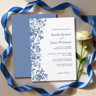 Elegant dammig blå Toile blommig bröllop Inbjudningar
