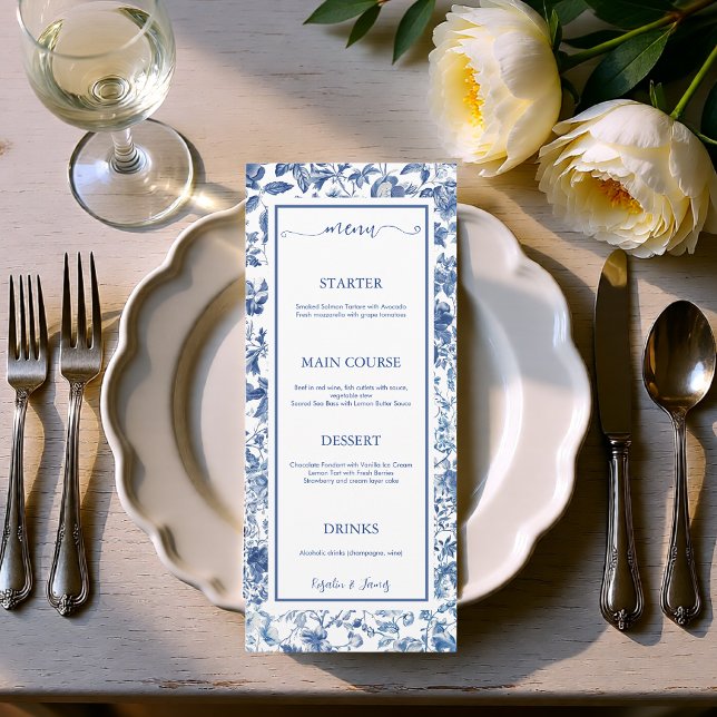 Elegant dammig blå Toile blommig bröllopsmottagnin Meny (Elegant Dusty Blue Toile Floral Wedding Reception Menu)