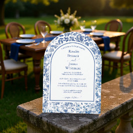 Elegant dammig blå Toile blommig valv vigsel Inbjudningar