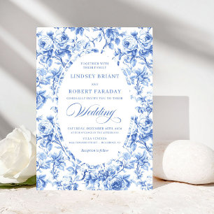 Elegant dammig blå Toile de Jouy blommande bröllop Inbjudningar