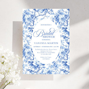 Elegant dammig blå Toile de Jouy bröllopsdusch Inbjudningar