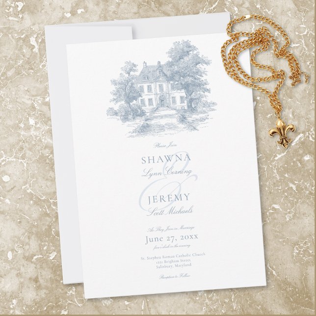 Elegant dammig blå Toile fransk herrgård bröllop Inbjudningar (Elegant Dusty Blue Toile French Manor Wedding Invitation)