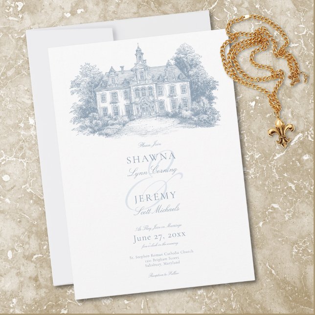 Elegant dammig blå Toile fransk herrgård bröllop Inbjudningar (Elegant Dusty Blue Toile French Manor Wedding Invitation)