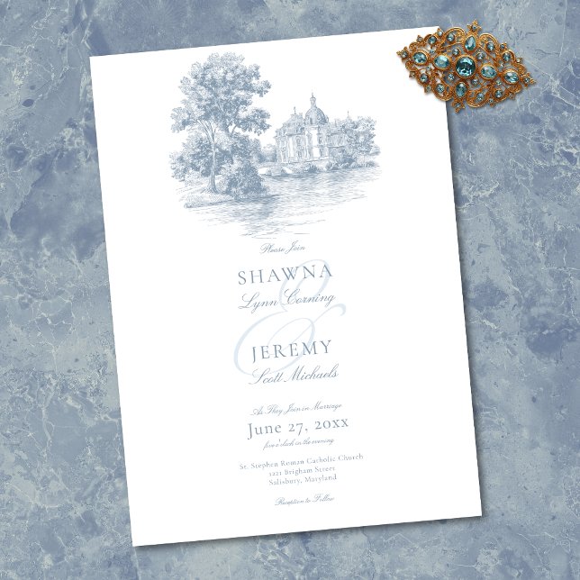 Elegant dammig blå Toile fransk herrgård bröllop Inbjudningar (Elegant Dusty Blue Toile French Manor Wedding Invitation)