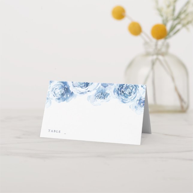 Elegant, dammig, blå vattenfärg blommigt bröllop placeringskort (Framsida)
