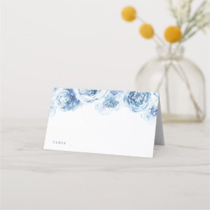 Elegant, dammig, blå vattenfärg blommigt bröllop placeringskort