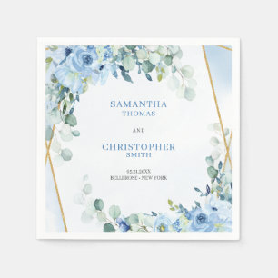 Elegant, dammig, blå vattenfärg blommigt guld ram pappersservett