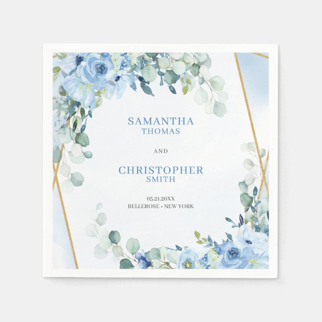 Elegant, dammig, blå vattenfärg blommigt guld ram pappersservett (Framsidan)