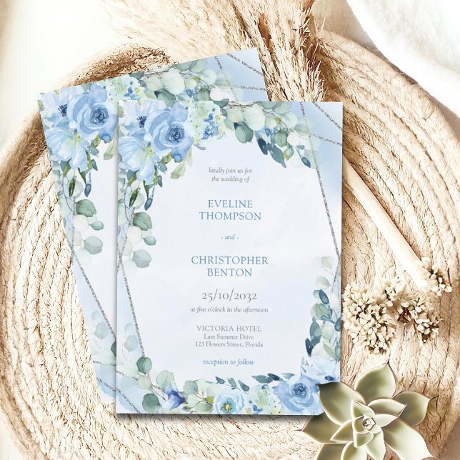 Elegant, dammig, blå vattenfärg blommigt silver ra inbjudningar (watercolor blue winter flowers mixed eucalyptus and silver frame wedding invitation)