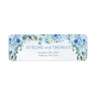 Elegant, dammig, blå vattenfärg blommigt silver ra returadress etikett