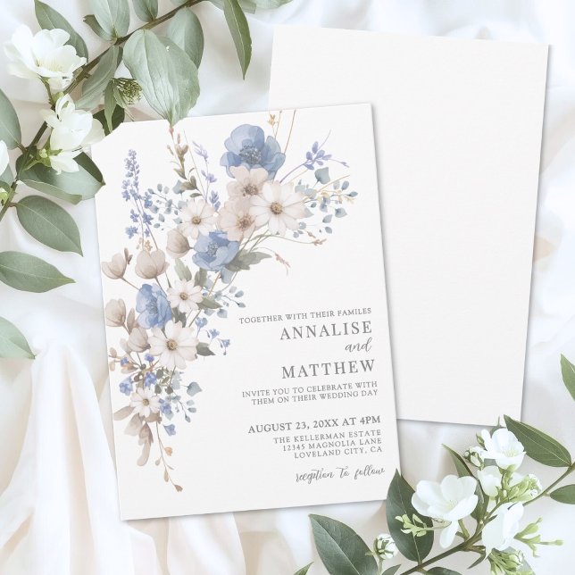 Elegant dammig blå vildblomma bröllop inbjudningar (Elegant Dusty Blue Wildflower Floral Wedding Invitation )