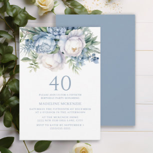 Elegant dammig blå vit blomstergivare 40-årsdag inbjudningar