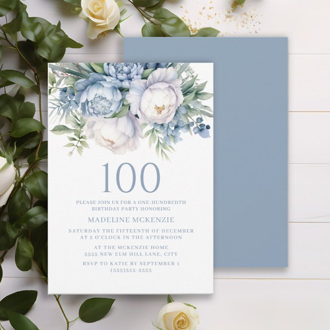 Elegant dammig blå-vit blomsterglas 100-årsfirande inbjudningar (Elegant dusty blue and white watercolor floral 100th birthday party invitation. Printed or digital.)