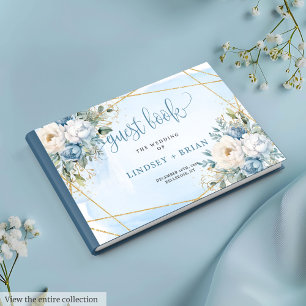 Elegant dammig blå vit guld blomsterbröllop gästböcker