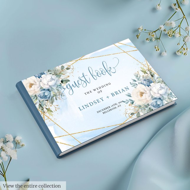 Elegant dammig blå vit guld blomsterbröllop gästböcker (Sophisticated Dusty Blue White Gold Floral Guest Book)