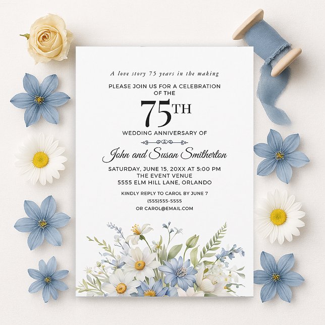 Elegant dammig blå vita blommor 75-årsjubileum inbjudningar (Elegant dusty blue watercolor floral and white daisies 75th wedding anniversary invitation)