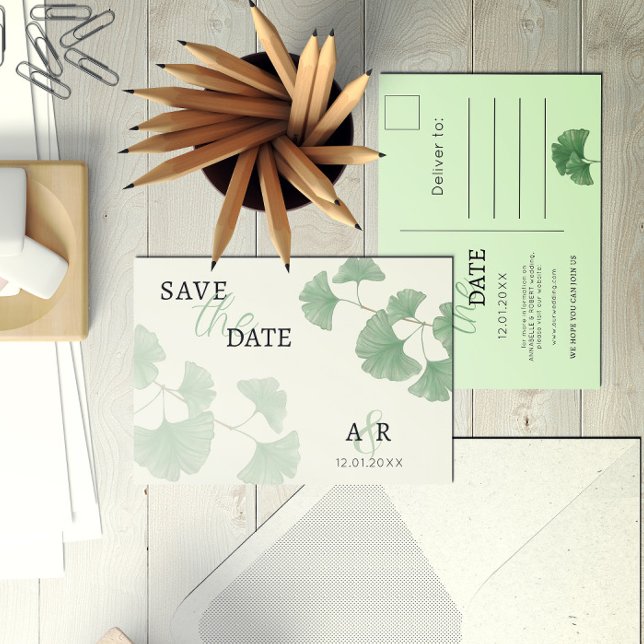 Elegant dammig grön Ginkgo-blomma Spara datum Inbjudan Vykort (Skapare uppladdad)