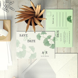 Elegant dammig grön Ginkgo-blommig Spara datum Inbjudan Vykort