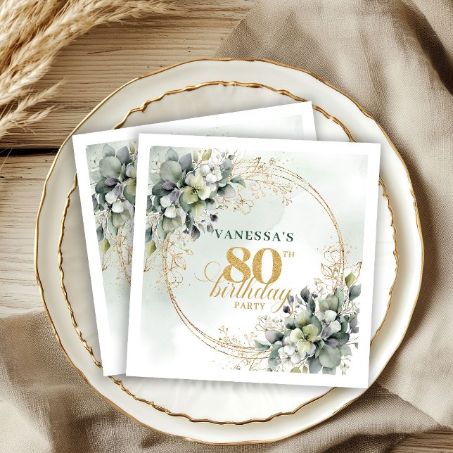 Elegant dammig grön guld Eukalyptus 80-årsdag  Pappersservett (Elegant Dusty Green Gold Eucalyptus 80th Birthday Napkins)