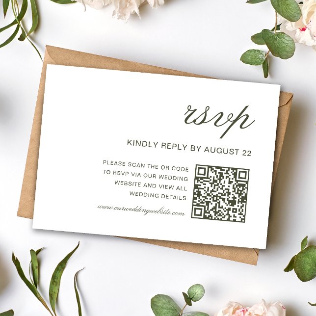 Elegant Dammig Grön Klassisk Bröllops QR-kod OSA Kort (Elegant dusty green QR code RSVP cards simplify guest replies with classic sophistication.)