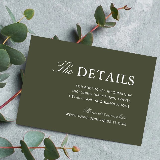 Elegant Dammig Grön Klassisk Bröllopsinformation Tilläggskort (Elegant dusty green enclosure cards share wedding details with timeless style and clarity.)