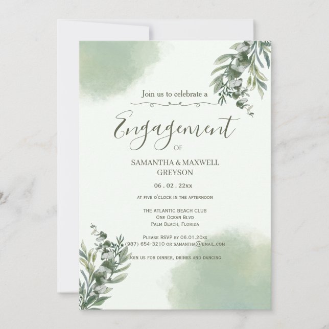 Elegant dammig grön script bröllopsinbjudan inbjudningar (Framsida)