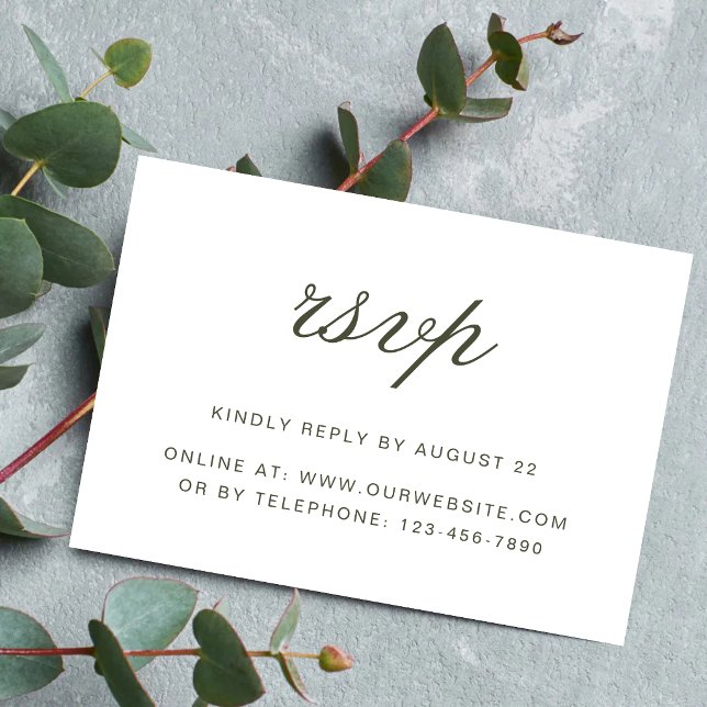 Elegant dammig grön script klassisk bröllop OSA kort (Elegant dusty green script RSVP cards make guest responses seamless and beautifully coordinated.)
