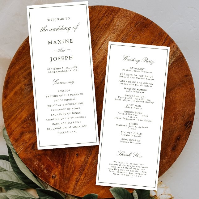Elegant dammig grön script klassisk bröllop program (Elegant dusty green wedding programs add a polished touch while sharing every detail.)