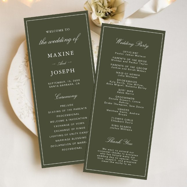 Elegant dammig grön script klassisk bröllop program (Elegant dusty green wedding programs keep guests informed with timeless style and grace.)