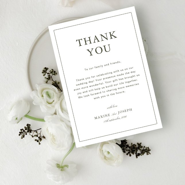 Elegant dammig grön script klassisk bröllop tack kort (Elegant dusty green thank you cards express heartfelt gratitude with classic style and charm.)
