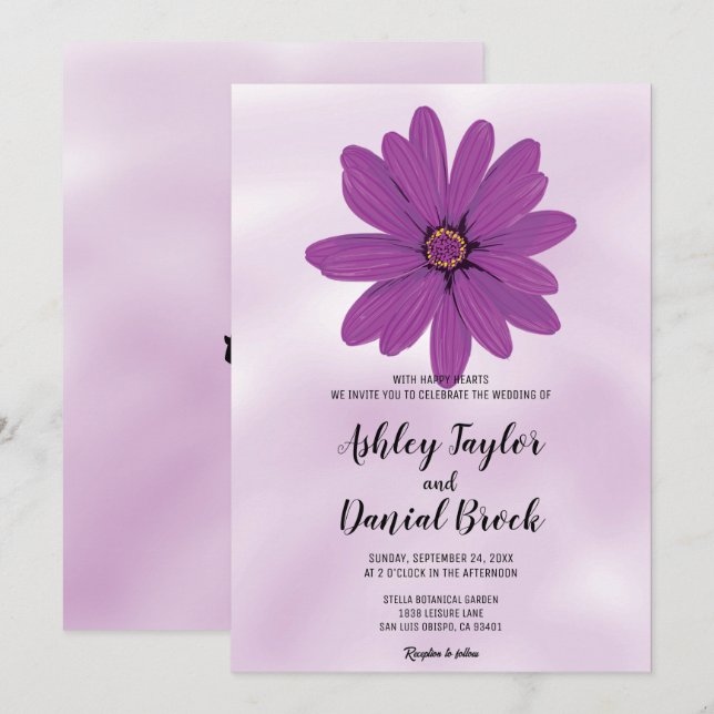 Elegant dammig lila ro romantisk blommigt Bröllop Inbjudningar (Fram/baksida)