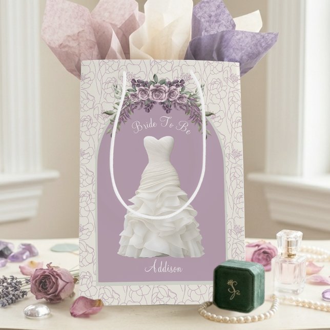 Elegant dammig mauve brud att bli medium presentpå (Elegant dusty mauve Bride To Be gift bag personalized luxury wedding wrap with custom name)