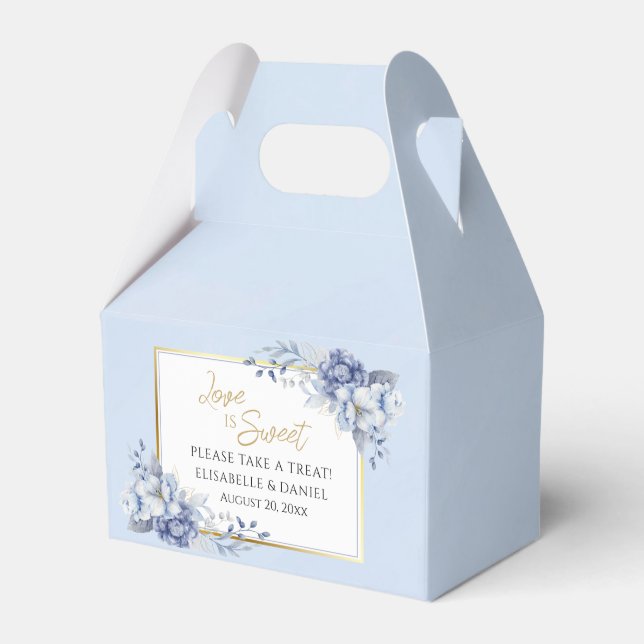 Elegant dammig pudrblå och guldblommig bröllopsdek presentaskar (Framsidan Sidan)