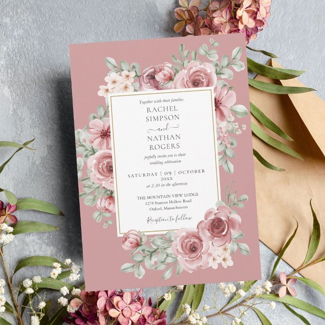 Elegant dammig ros blomster guld bröllop inbjudningar (Skapare uppladdad)