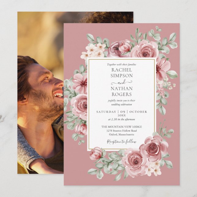 Elegant dammig ros blomsterguld bröllopsfoto inbjudningar (Fram/baksida)