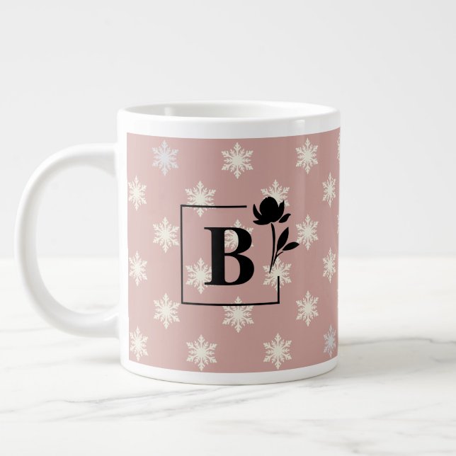 Elegant dammig ros snöflinga monogrammördad kopp jumbo mugg (Vänster)