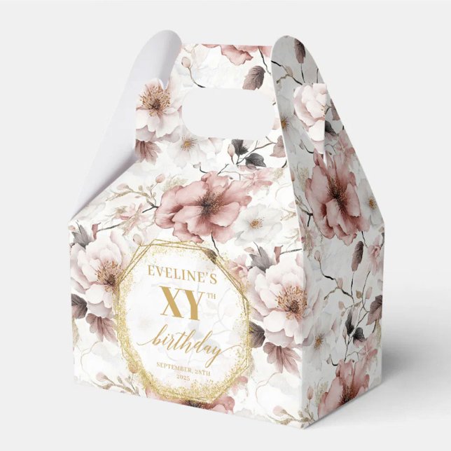 Elegant dammig rosa blomster guld födelsedagsprese presentaskar (Classy Dusty Pink Floral Gold Birthday Favor Box)
