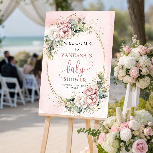Elegant dammig rosa blomstergestaltning för bebism poster (Elegant Dusty Pink Floral Baby Shower Welcome Sign)