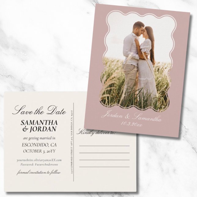 Elegant dammig rosa bröllopsrädda postkort vykort (Elegant Dusty Pink Wedding Save the Date Postcard)