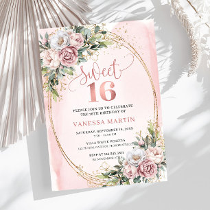 Elegant dammig rosa floral grönska Sweet Sixteen Inbjudningar