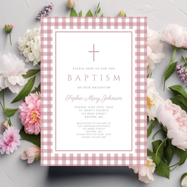 Elegant dammig rosa gingham flicka dop inbjudningar (Elegant Dusty Pink Gingham Girl Baptism Invitation)