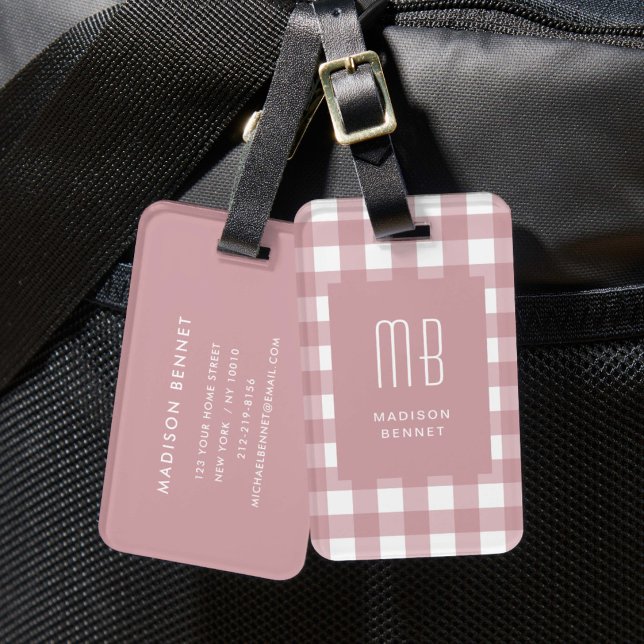 Elegant dammig rosa gingham-monogram bagagebricka (Elegant Dusty Pink Gingham Monogram Luggage Tag
)