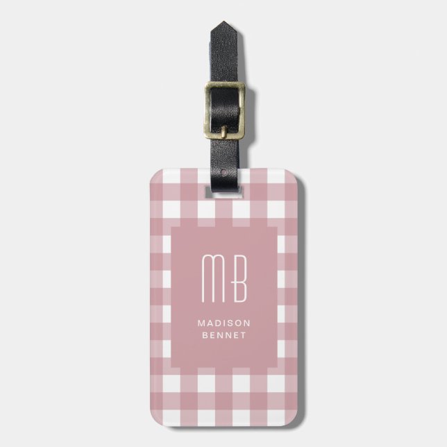 Elegant dammig rosa gingham-monogram bagagebricka (Vertikal Framsida)