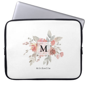 Elegant dammig rosa grå blomma monogram laptop fodral